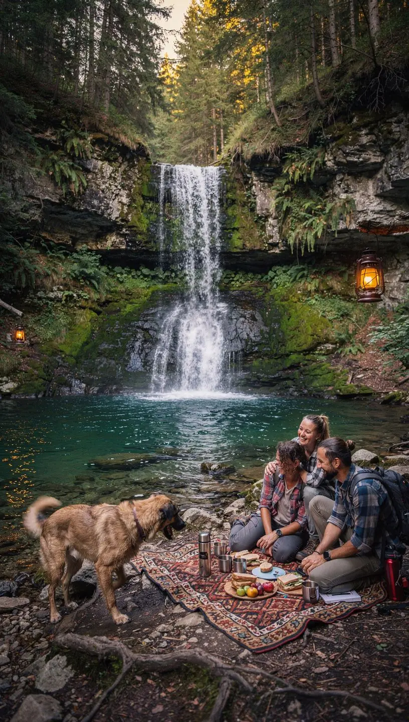 A vibrant sunset illuminating the horizon over a tranquil lake, framed by dense forests and mountains.